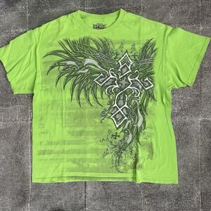 Men's Y2K MMA Elite Lime Green Gray Cross All Over Print Graphic T Shirt Sz XL